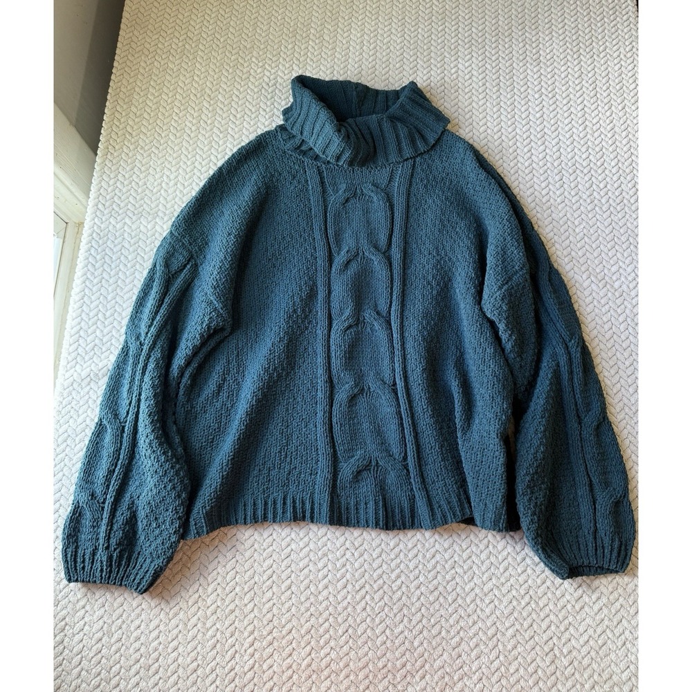 Seven7 Women's Cable Knit Chunky Turtleneck Sweater Green Size XL